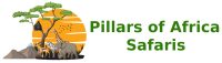 Logo of "Pillars of Africa Safaris" featuring an illustration of African wildlife such as a giraffe, elephant, zebra, and gorilla under a tree, with a stylized sunset in the background.